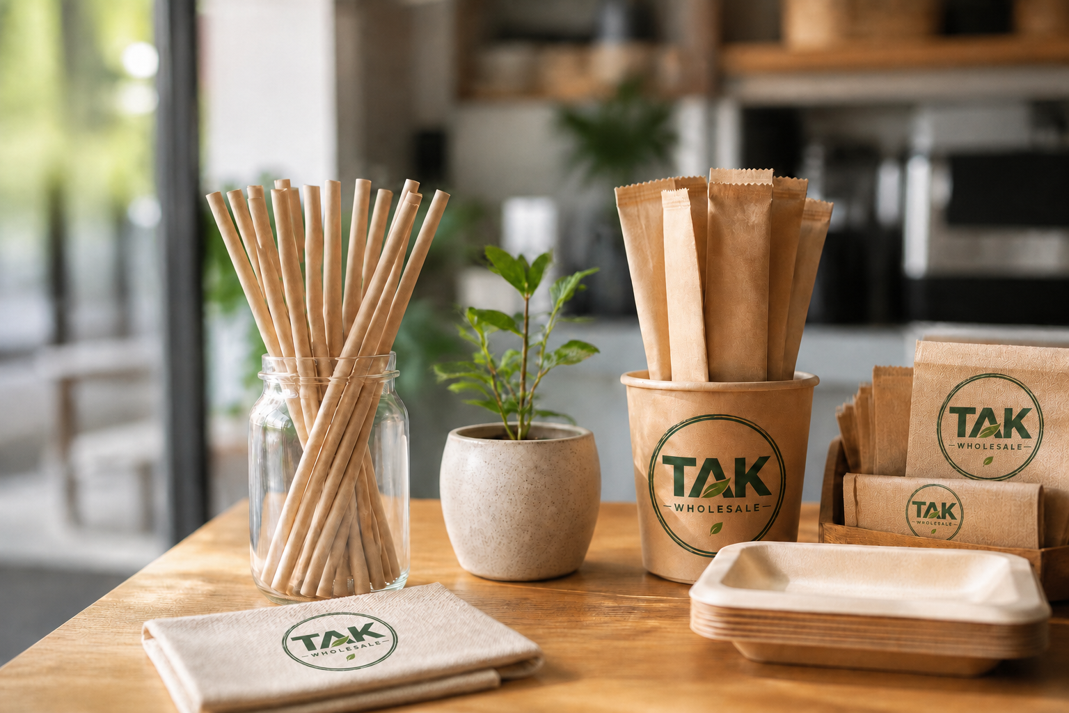 TAK Wholesale branded eco-friendly hospitality supplies including reed straws, compostable packaging and napkins