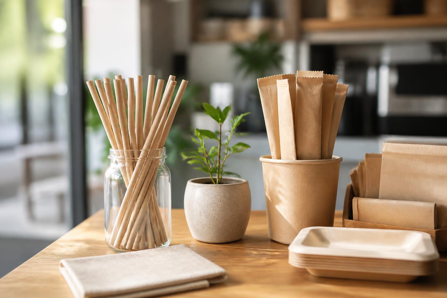Eco-friendly hospitality supplies including reed straws and compostable packaging